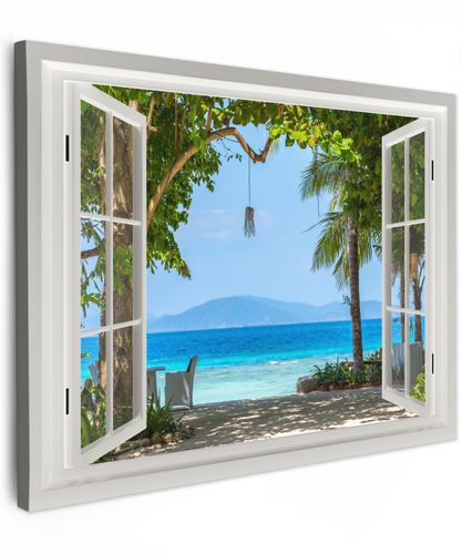 Doorkijk - Boom - Zee - Palmboom - Heuvels - Strand - Blauw