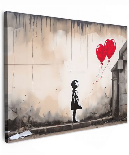 Kunst - Meisje - Ballonnen - Hart - Grijs