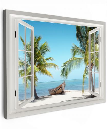 Doorkijk - Strand - Palmboom - Boot - Tropisch - Zee - Blauw