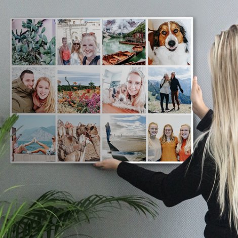 Fotocollage op canvas voor grijze muur