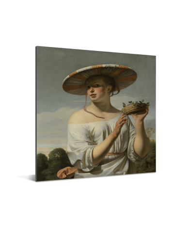 Meisje met een brede hoed - Schilderij van Caesar Boetius van Everdingen Aluminium