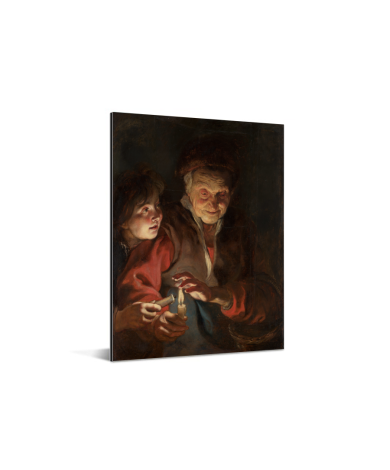 Oude vrouw en jongen met kaarsen - Schilderij van Peter Paul Rubens Aluminium