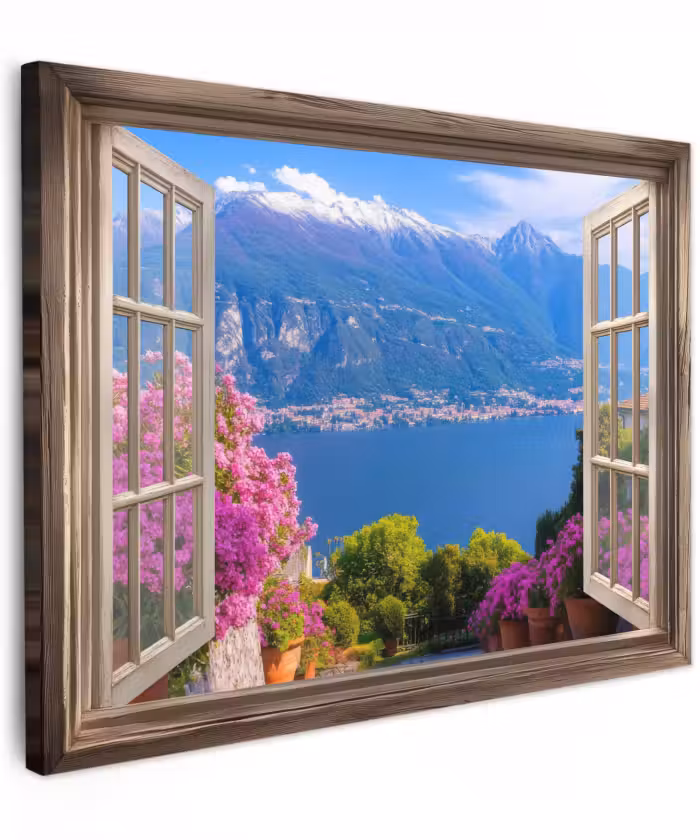 Canvas schilderij - Doorkijk - Berg - Landschap - Uitzicht - Meer
