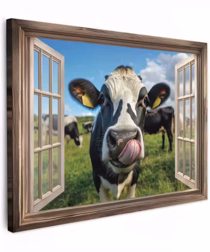 Canvas schilderij - Doorkijk - Koe - Weiland - Dieren - Natuur