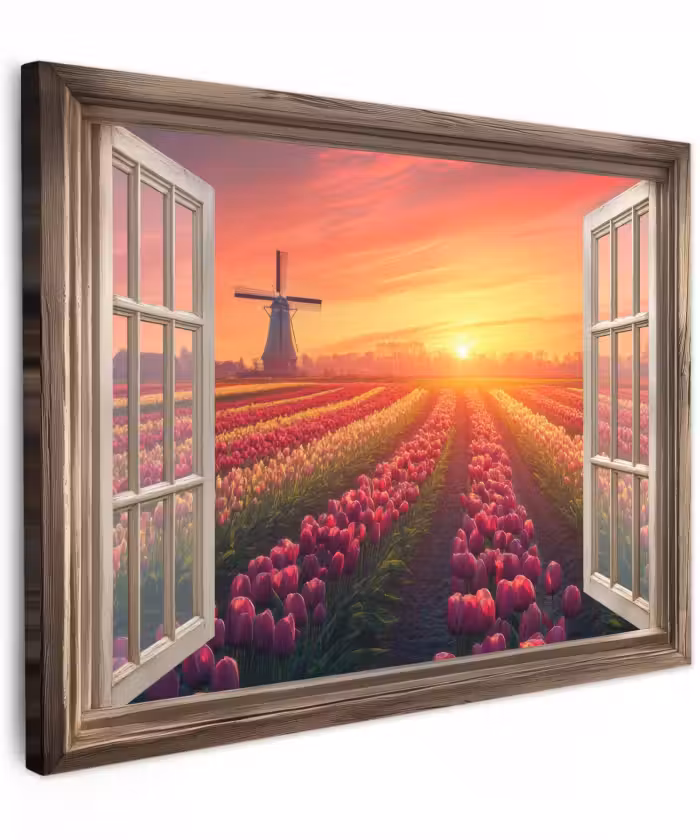 Canvas schilderij - Doorkijk - Tulpen - Zonsondergang - Bloemen - Kleurrijk