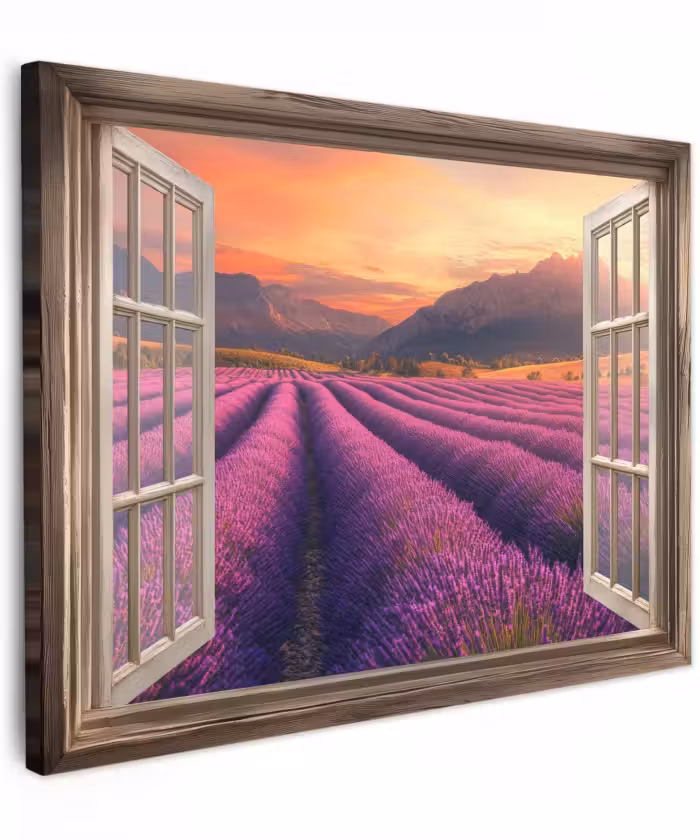 Canvas schilderij - Doorkijk - Lavendel - Landschap - Bloemen - Paars