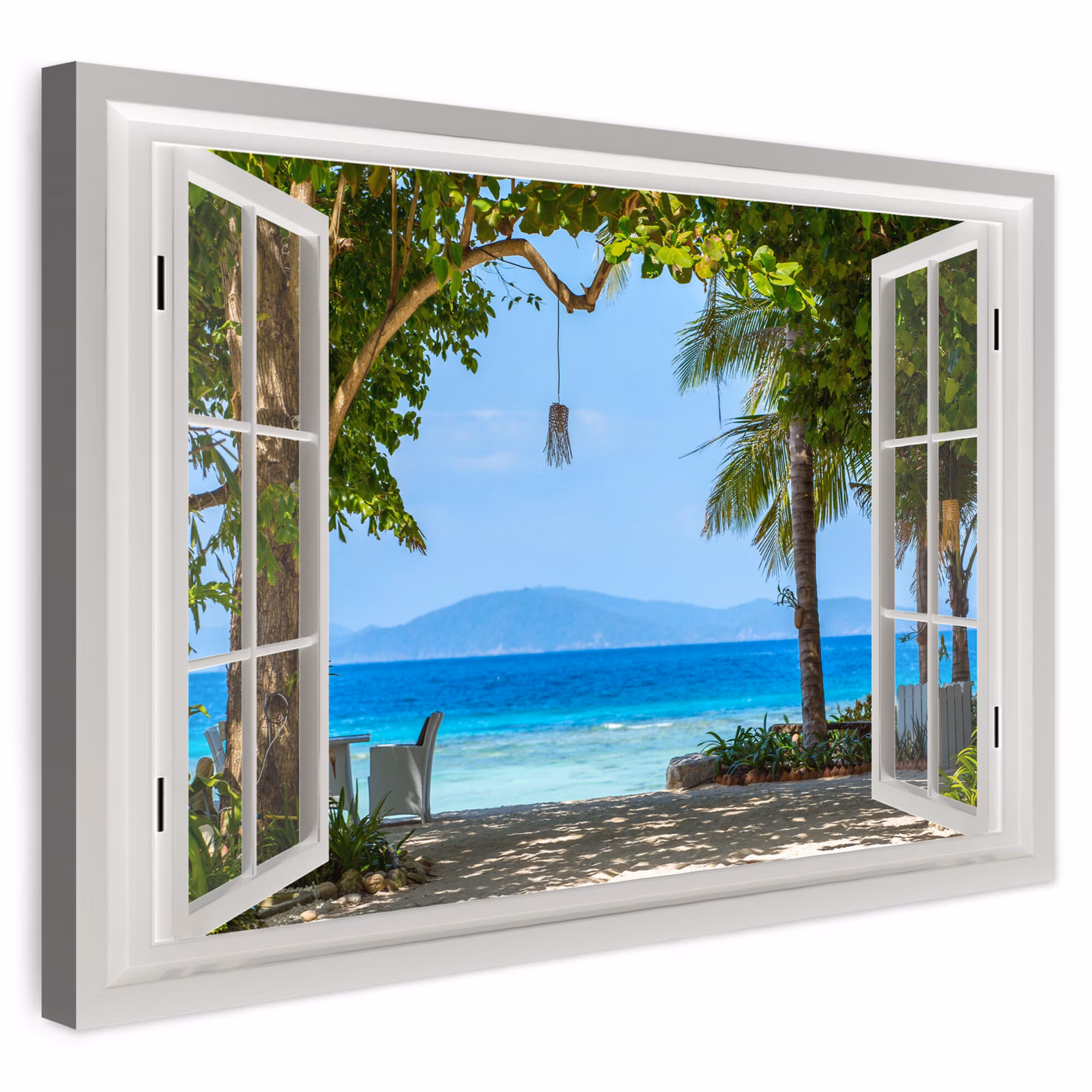 Buiten canvas - Doorkijk - Boom - Zee - Palmboom - Heuvels - Strand - Blauw — 1