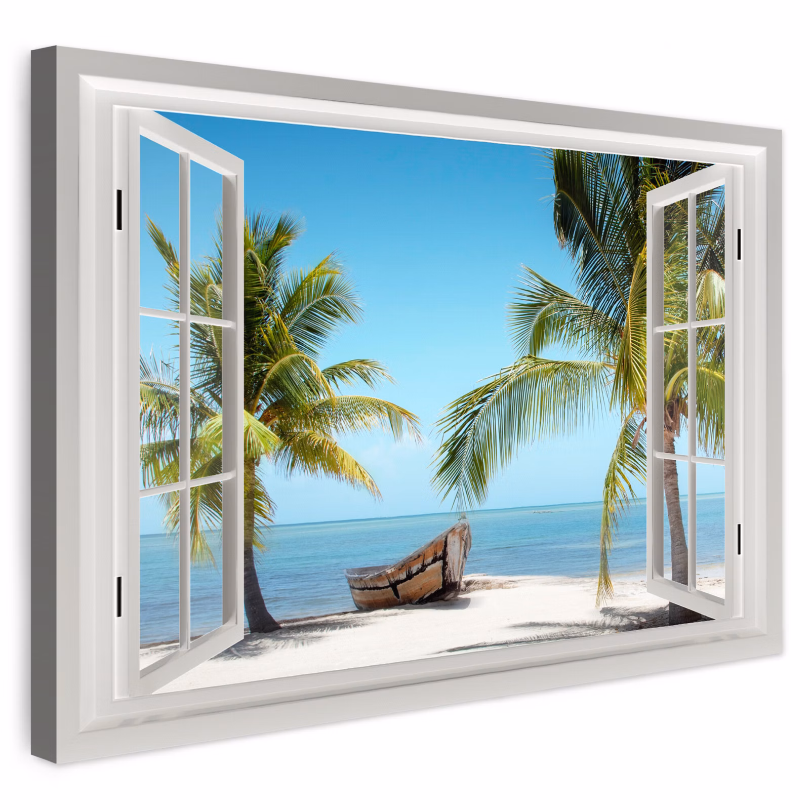 Buiten canvas - Doorkijk - Strand - Palmboom - Boot - Tropisch - Zee - Blauw — 1