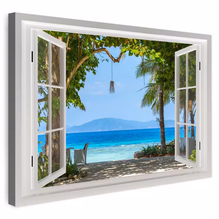 Buiten canvas - Doorkijk - Boom - Zee - Palmboom - Heuvels - Strand - Blauw — 1