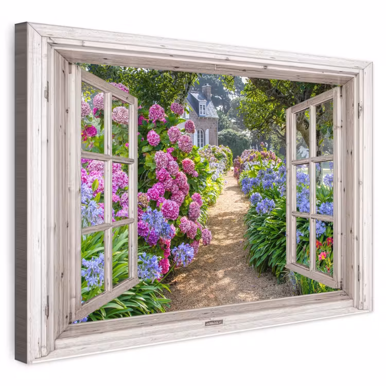 Buiten canvas - Hortensia - Doorkijk - Bloemen - Zomer - Paars - Pad — 1