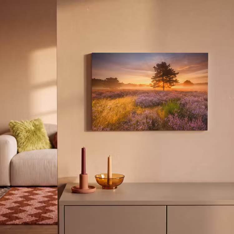 Canvas schilderij - Heidelandschap met een boom — 1