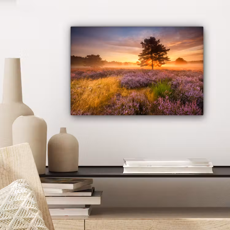 Canvas schilderij - Heidelandschap met een boom — 3