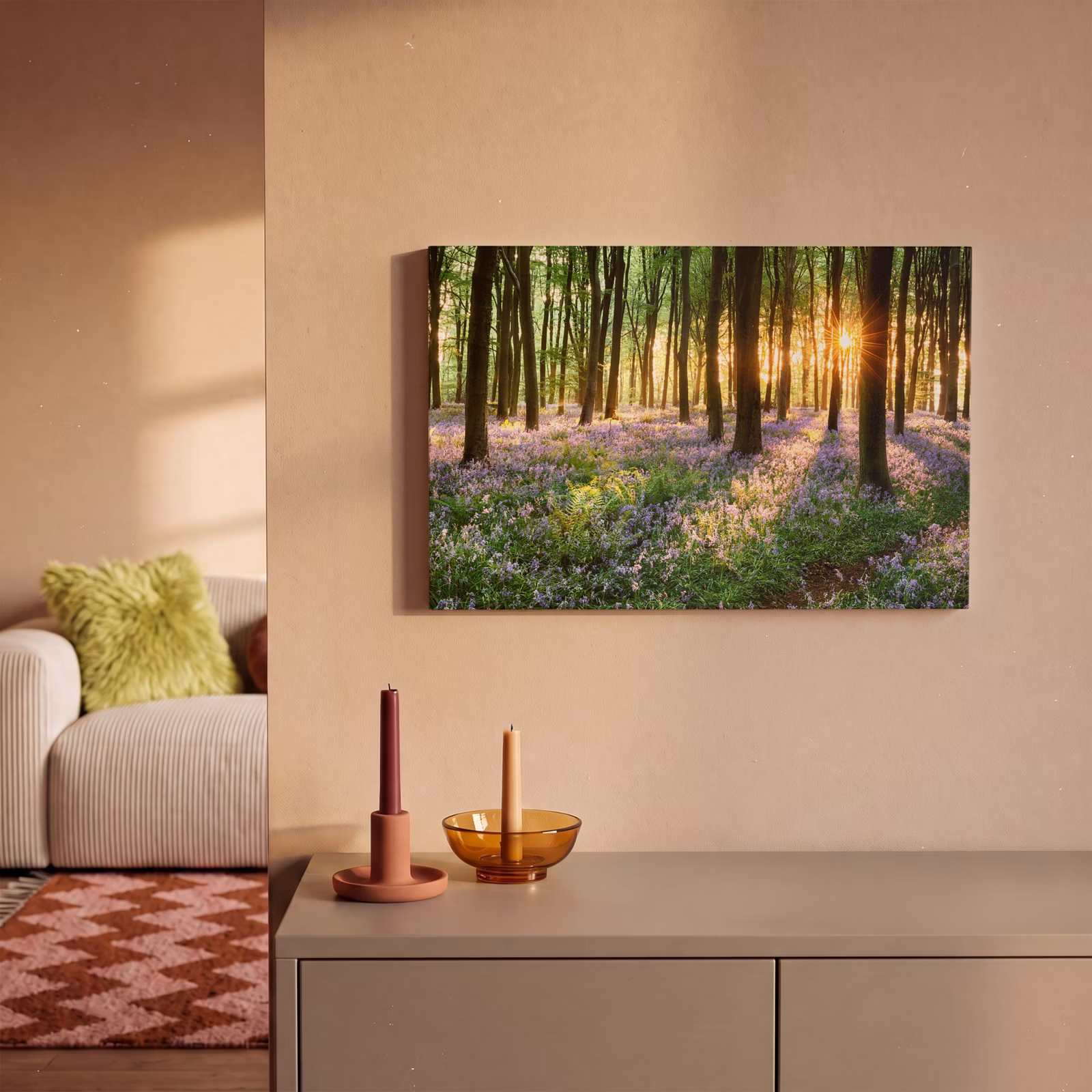 Canvas schilderij - Bos - Natuur - Bloemen - Zon - Boom - Paars — 1