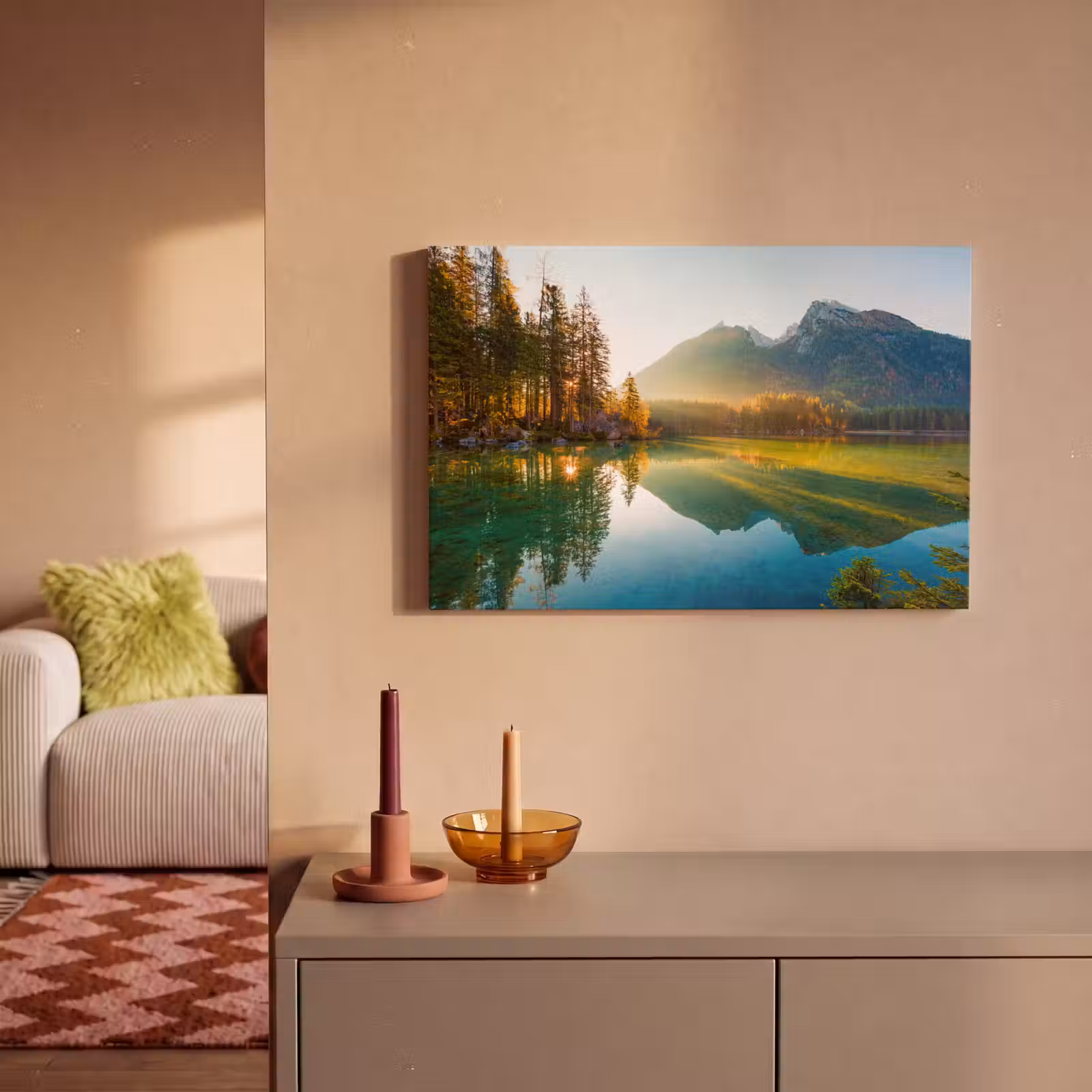 Canvas schilderij - Meer - Bos - Bergen - Natuur - Zon - Landschap — 1
