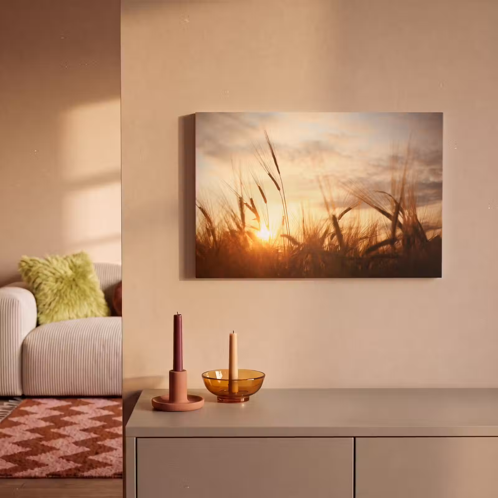 Canvas schilderij - Riet - Gras - Zonsondergang - Natuur - Horizon — 1