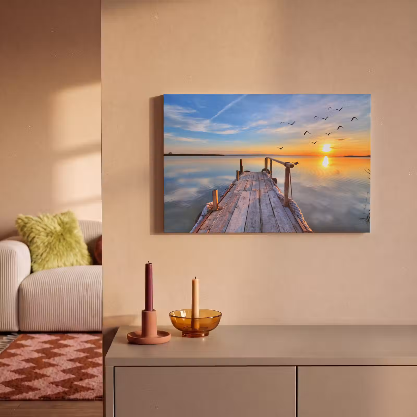 Canvas schilderij - Water - Steiger - Vogels - Zonsondergang - Horizon — 1