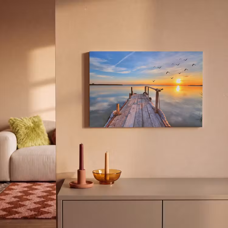 Canvas schilderij - Water - Steiger - Vogels - Zonsondergang - Horizon — 1