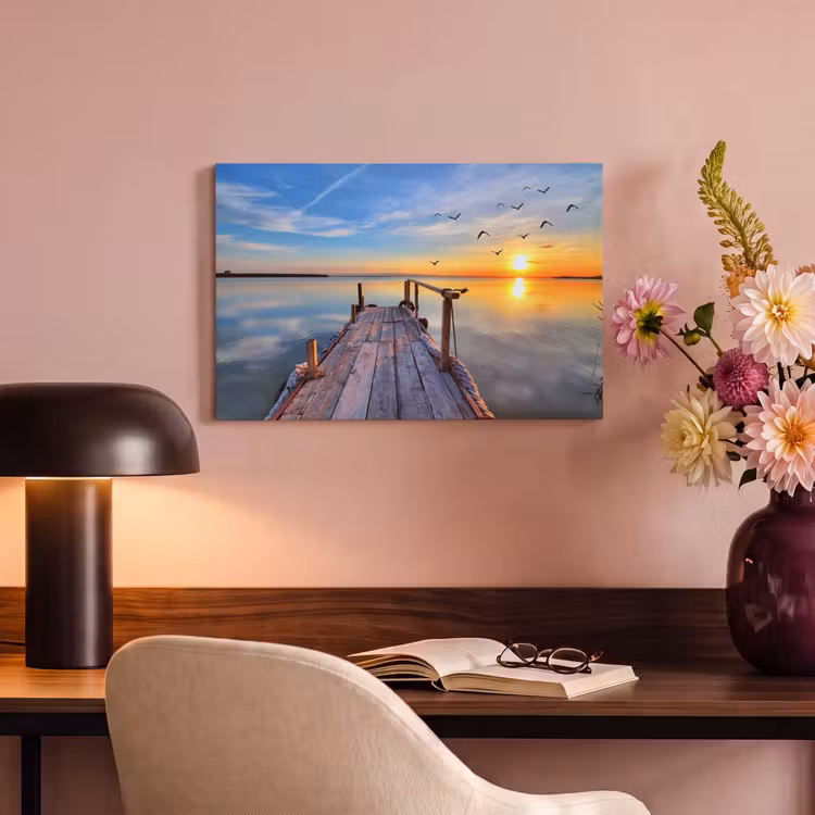 Canvas schilderij - Water - Steiger - Vogels - Zonsondergang - Horizon — 2