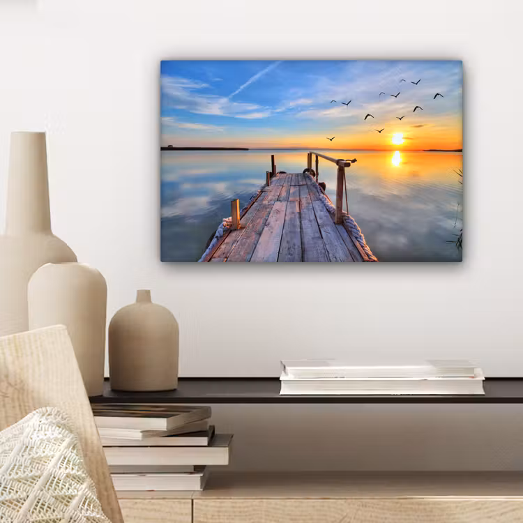 Canvas schilderij - Water - Steiger - Vogels - Zonsondergang - Horizon — 3