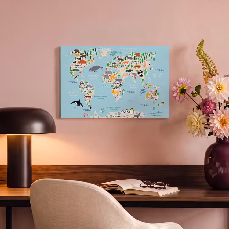 Canvas schilderij - Wereldkaart - Kinderen - Dieren - Blauw - Orka - Walvis — 2