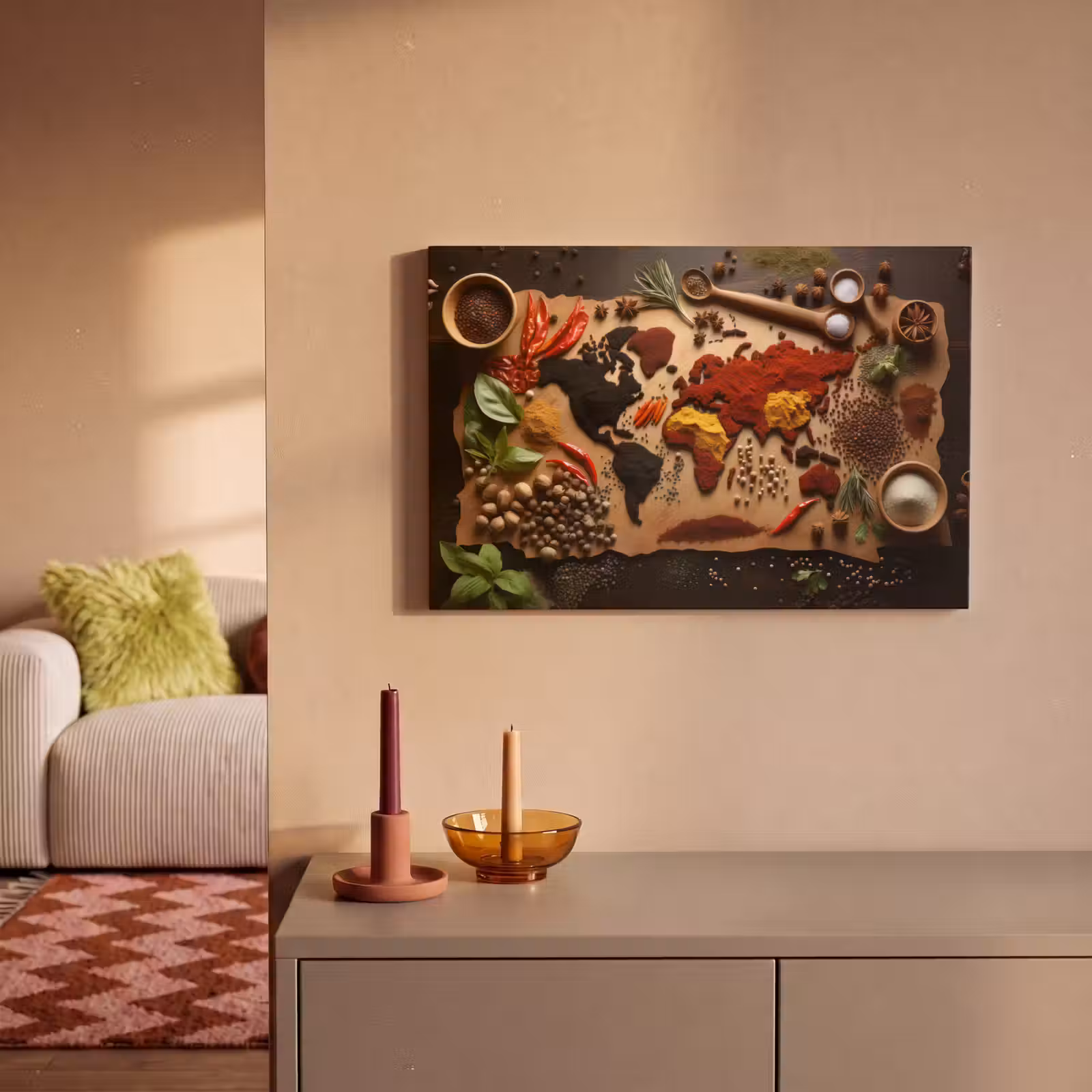 Canvas schilderij - Kruiden - Specerijen - Wereldkaart - Bruin - Lepel - Kleurrijk — 1