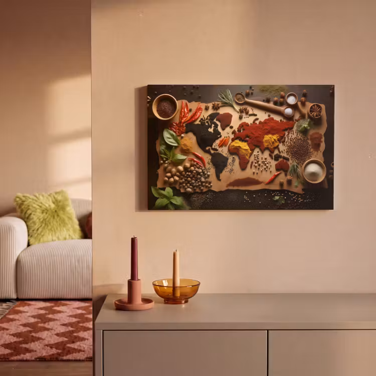 Canvas schilderij - Kruiden - Specerijen - Wereldkaart - Bruin - Lepel - Kleurrijk — 1