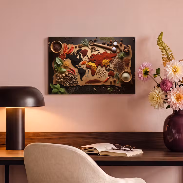 Canvas schilderij - Kruiden - Specerijen - Wereldkaart - Bruin - Lepel - Kleurrijk — 2