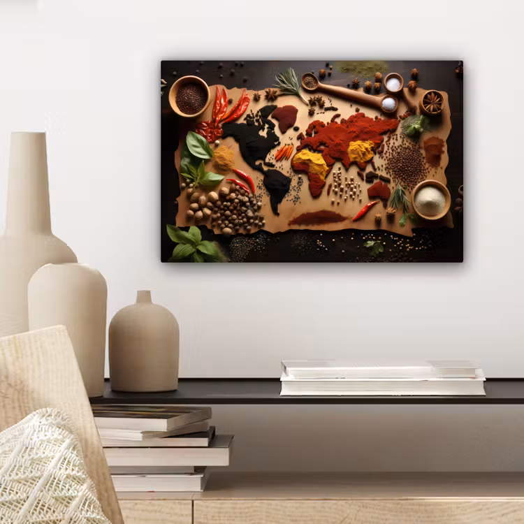 Canvas schilderij - Kruiden - Specerijen - Wereldkaart - Bruin - Lepel - Kleurrijk — 3