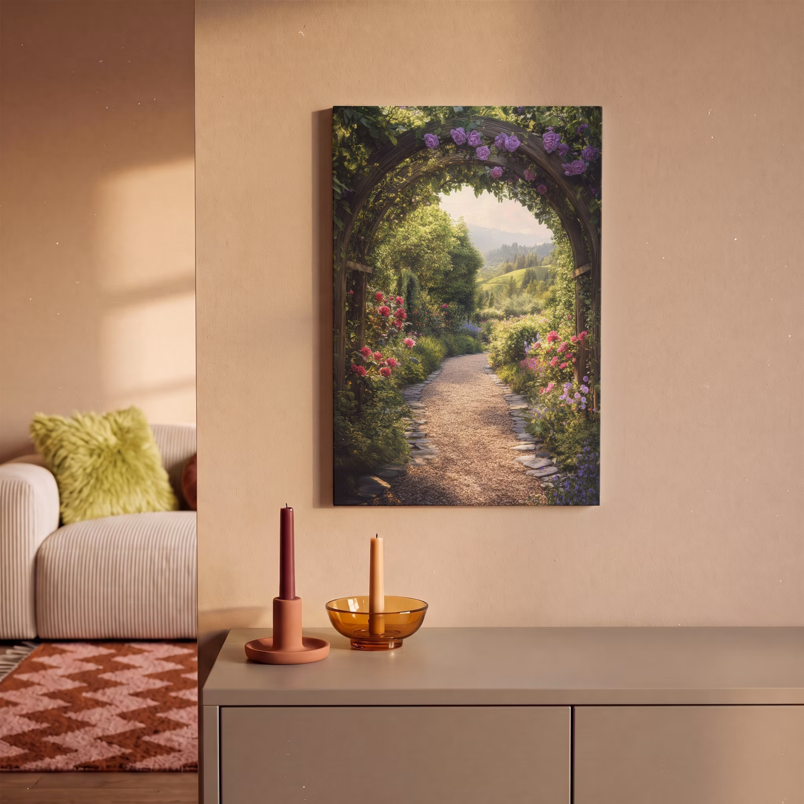 Canvas schilderij - Doorkijk - Landschap - Bloemen - Tuinboog - Natuur — 1