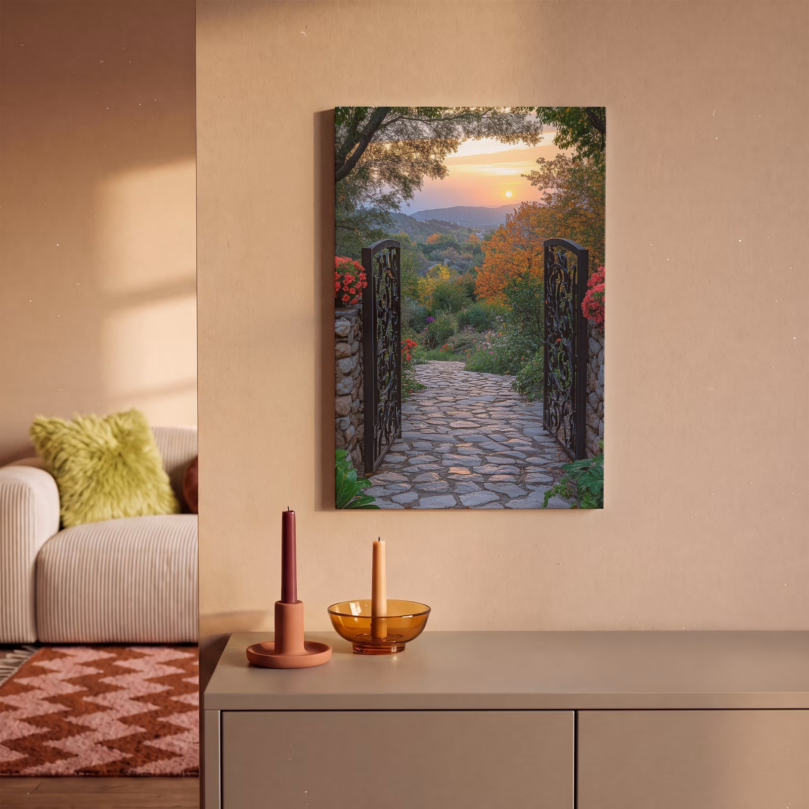 Canvas schilderij - Landschap - Hek - Pad - Zonsondergang - Natuur — 1