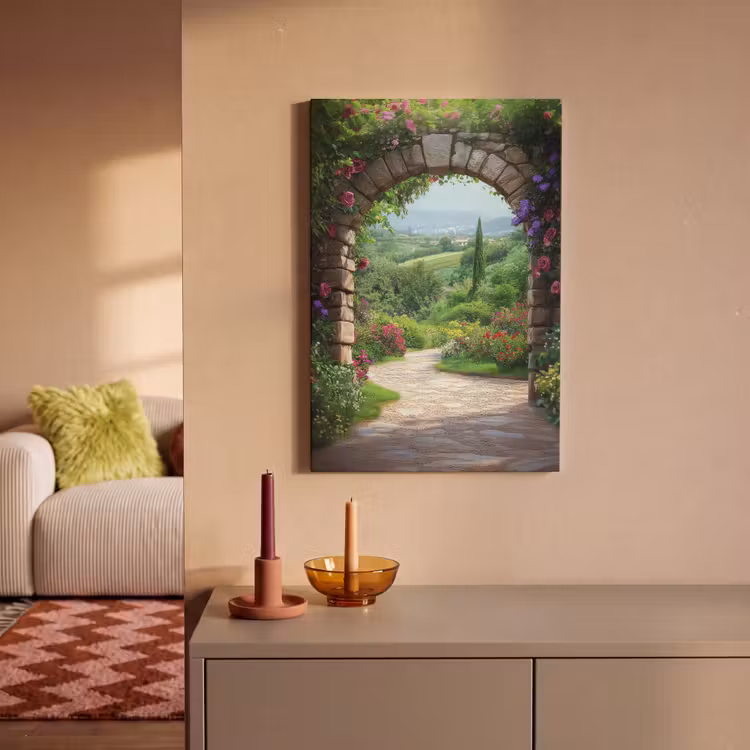 Canvas schilderij - Doorkijk - Landschap - Bloemen - Pad - Uitzicht — 1