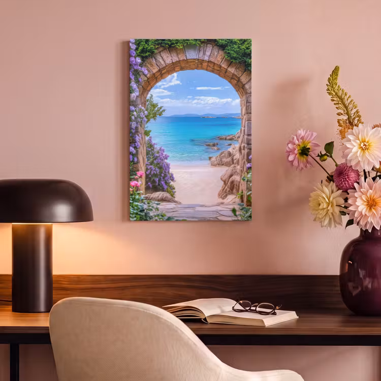 Canvas schilderij - Doorkijk - Poort - Zee - Strand - Rotsen — 3