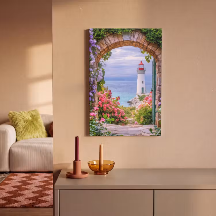 Canvas schilderij - Doorkijk - Vuurtoren - Bloemen - Uitzicht — 1