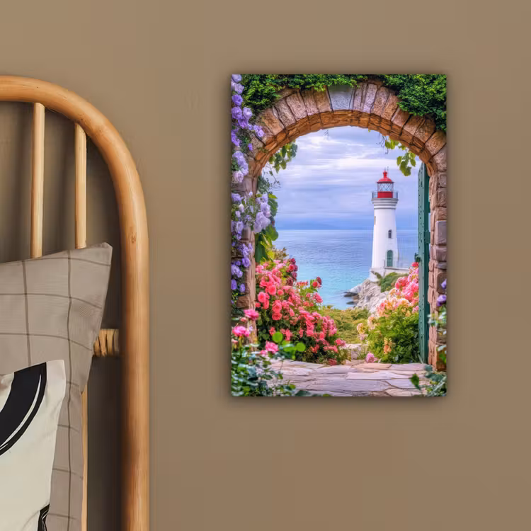 Canvas schilderij - Doorkijk - Vuurtoren - Bloemen - Uitzicht — 2