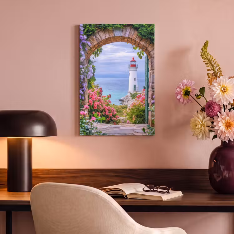 Canvas schilderij - Doorkijk - Vuurtoren - Bloemen - Uitzicht — 3