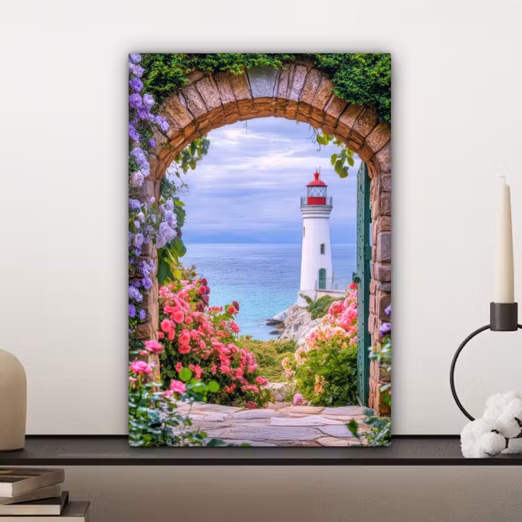 Canvas schilderij - Doorkijk - Vuurtoren - Bloemen - Uitzicht — 4