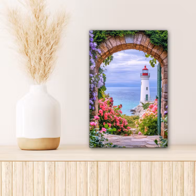 Canvas schilderij - Doorkijk - Vuurtoren - Bloemen - Uitzicht — 5