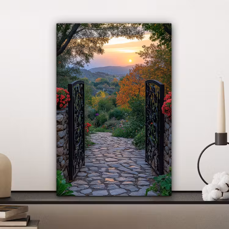 Canvas schilderij - Landschap - Hek - Pad - Zonsondergang - Natuur — 4