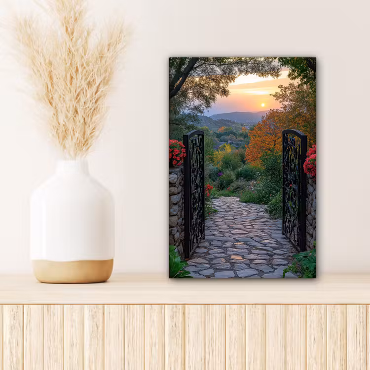 Canvas schilderij - Landschap - Hek - Pad - Zonsondergang - Natuur — 5
