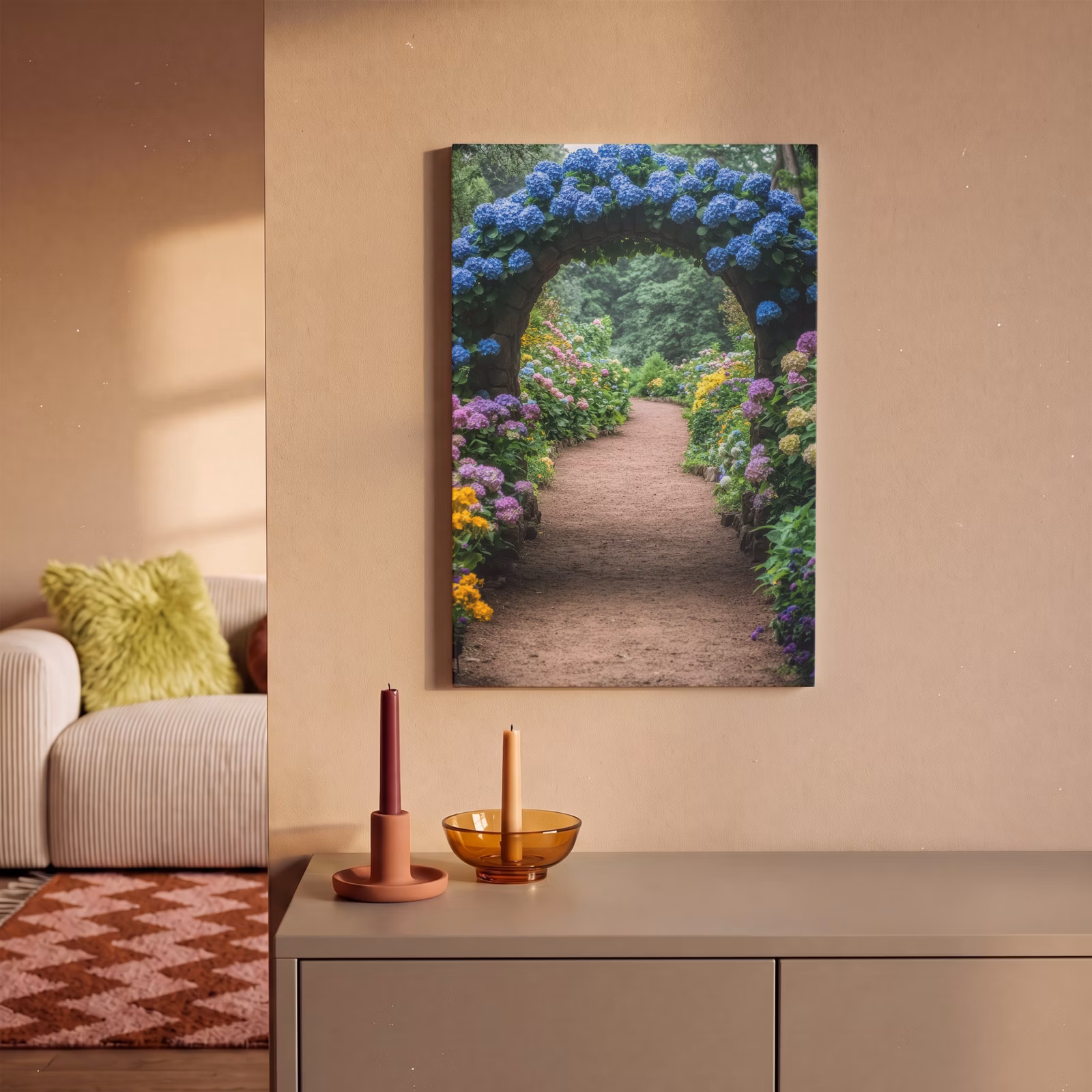 Canvas schilderij - Doorkijk - Bloemen - Hortensia - Pad — 1