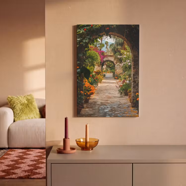 Canvas schilderij - Doorkijk - Bloemen - Poort - Stenen — 1