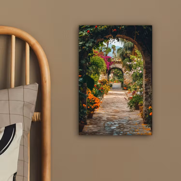 Canvas schilderij - Doorkijk - Bloemen - Poort - Stenen — 2