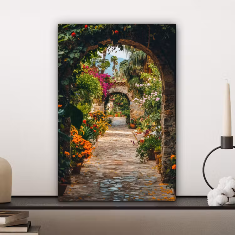 Canvas schilderij - Doorkijk - Bloemen - Poort - Stenen — 4