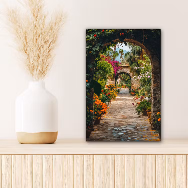 Canvas schilderij - Doorkijk - Bloemen - Poort - Stenen — 5