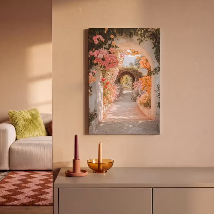Canvas schilderij - Doorkijk - Boog - Bloemen - Pastel — 1