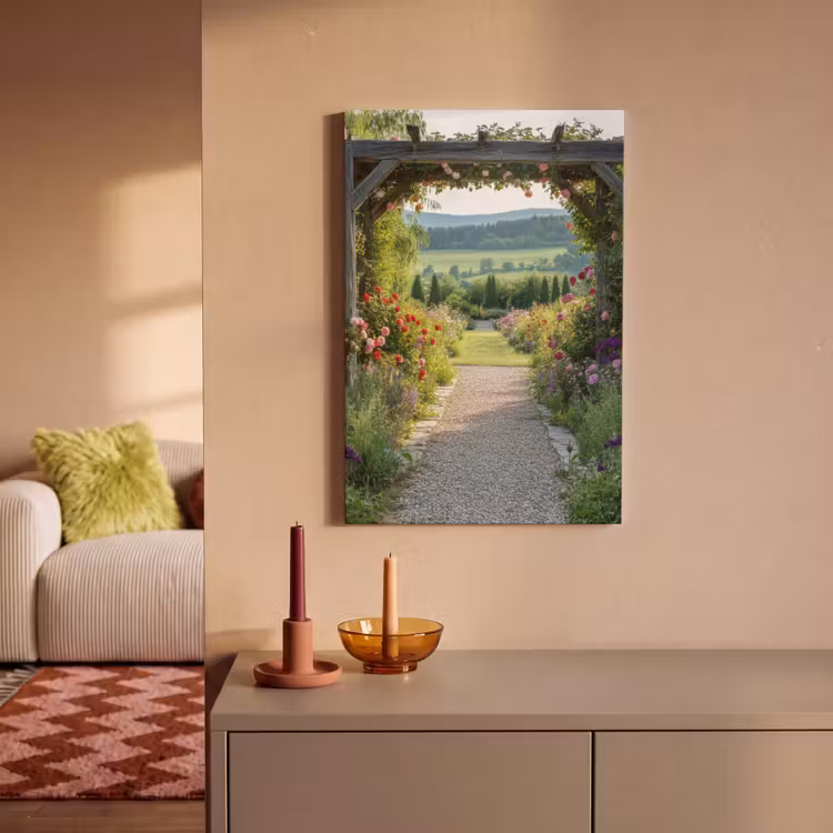 Canvas schilderij - Doorkijk - Landschap - Natuur - Tuinboog - Bloemen — 1