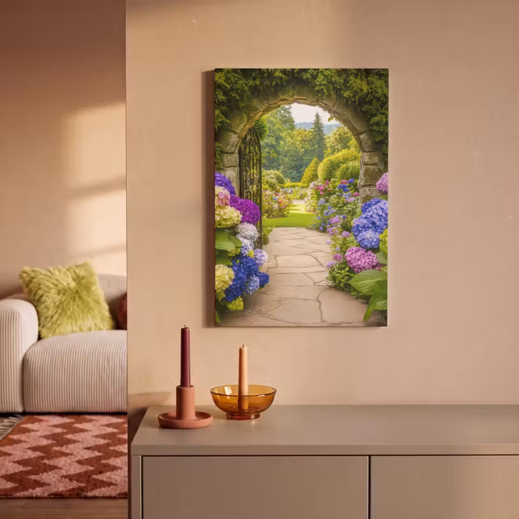 Canvas schilderij - Doorkijk - Poort - Hortensia - Bloementuin — 1