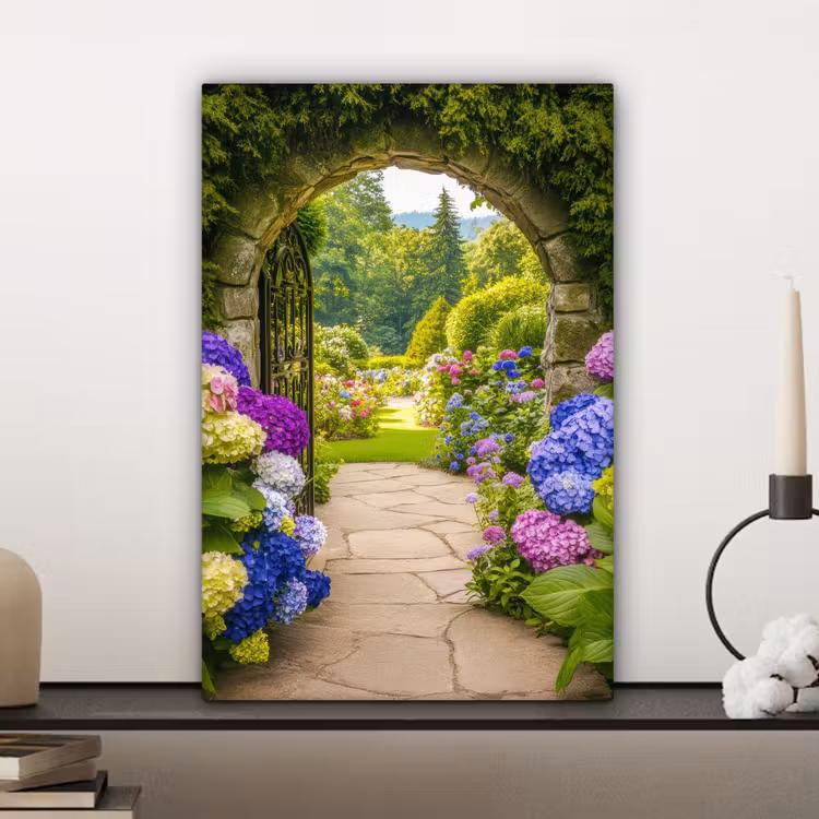 Canvas schilderij - Doorkijk - Poort - Hortensia - Bloementuin — 4