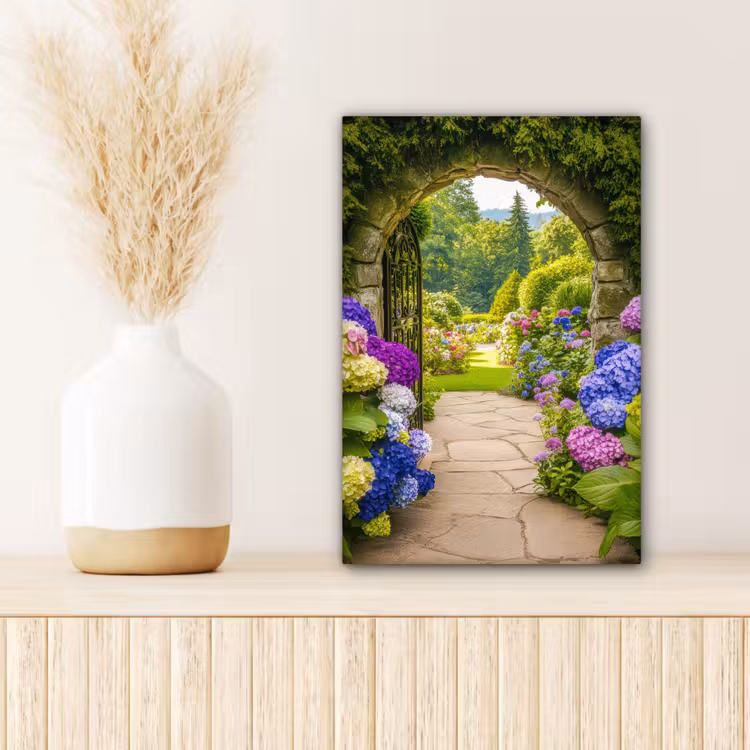 Canvas schilderij - Doorkijk - Poort - Hortensia - Bloementuin — 5