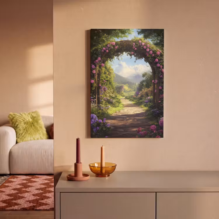 Canvas schilderij - Doorkijk - Rozenboog - Uitzicht - Landschap - Bloemen — 1